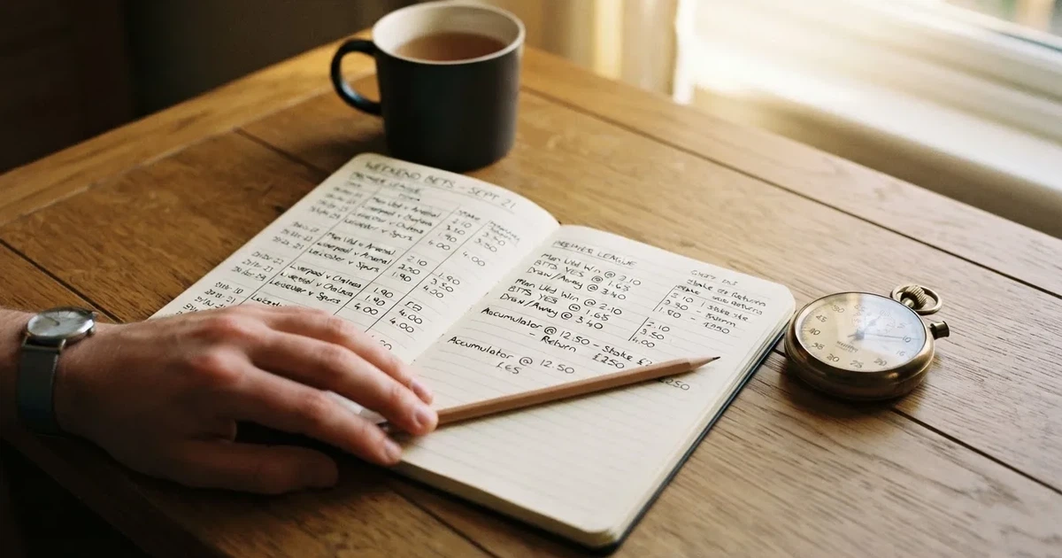 An open notebook with a pencil and a stopwatch on a wooden table