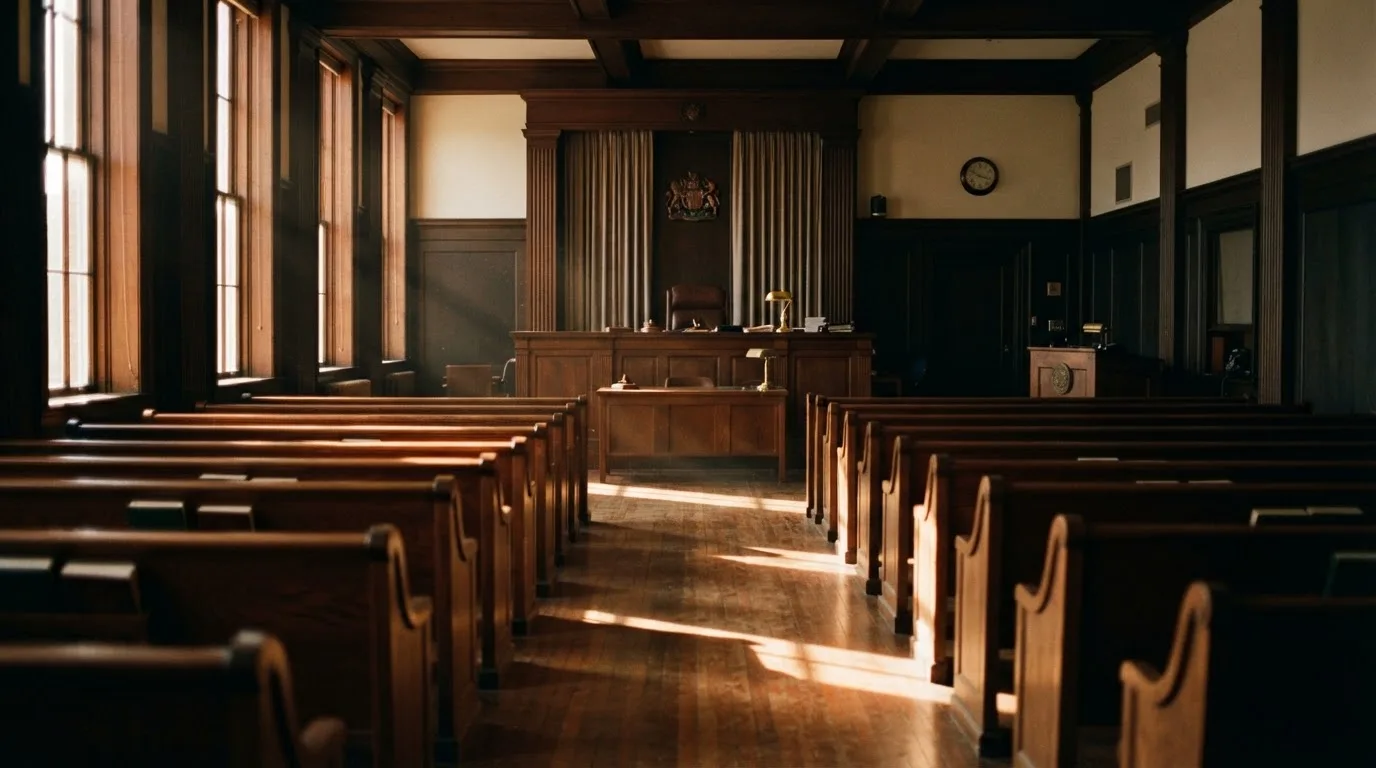 An empty courtroom with wooden benches in morning light