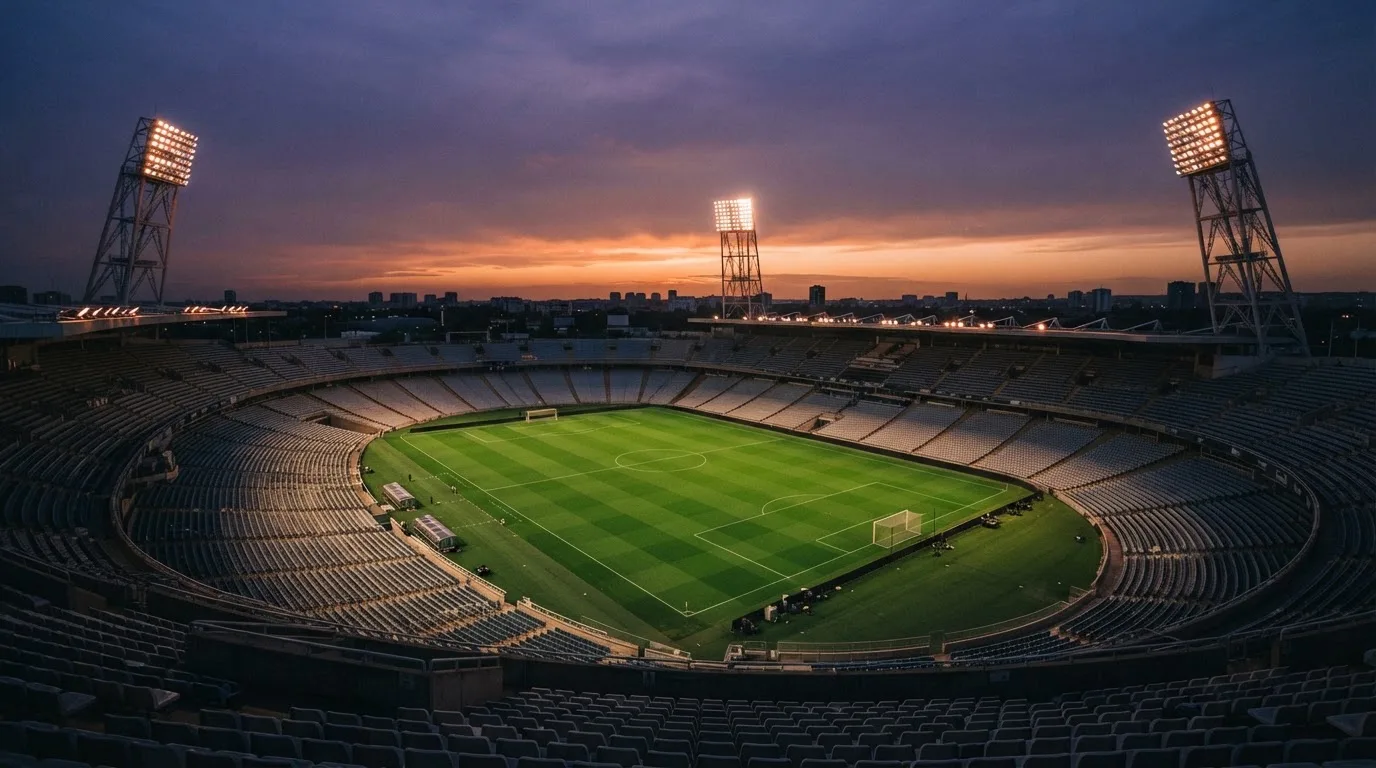 An empty football stadium with floodlight masts at dusk
