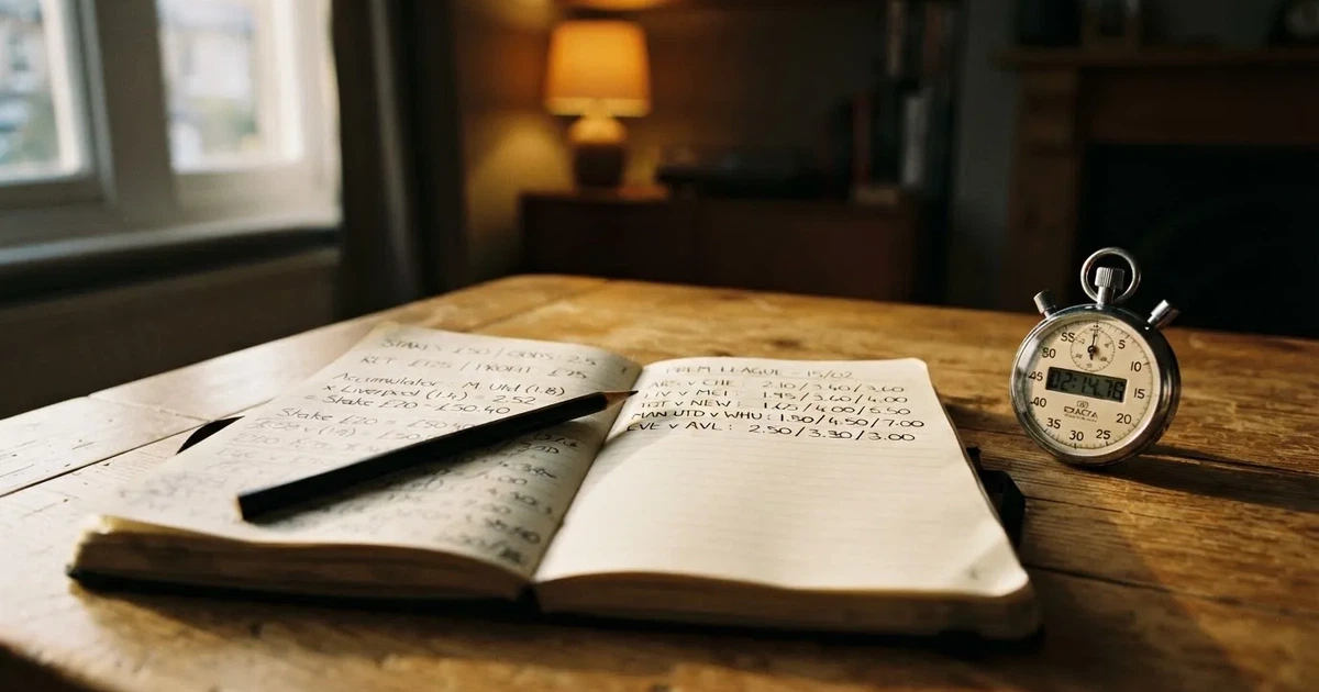 An open notebook with a pencil and a stopwatch on a wooden table