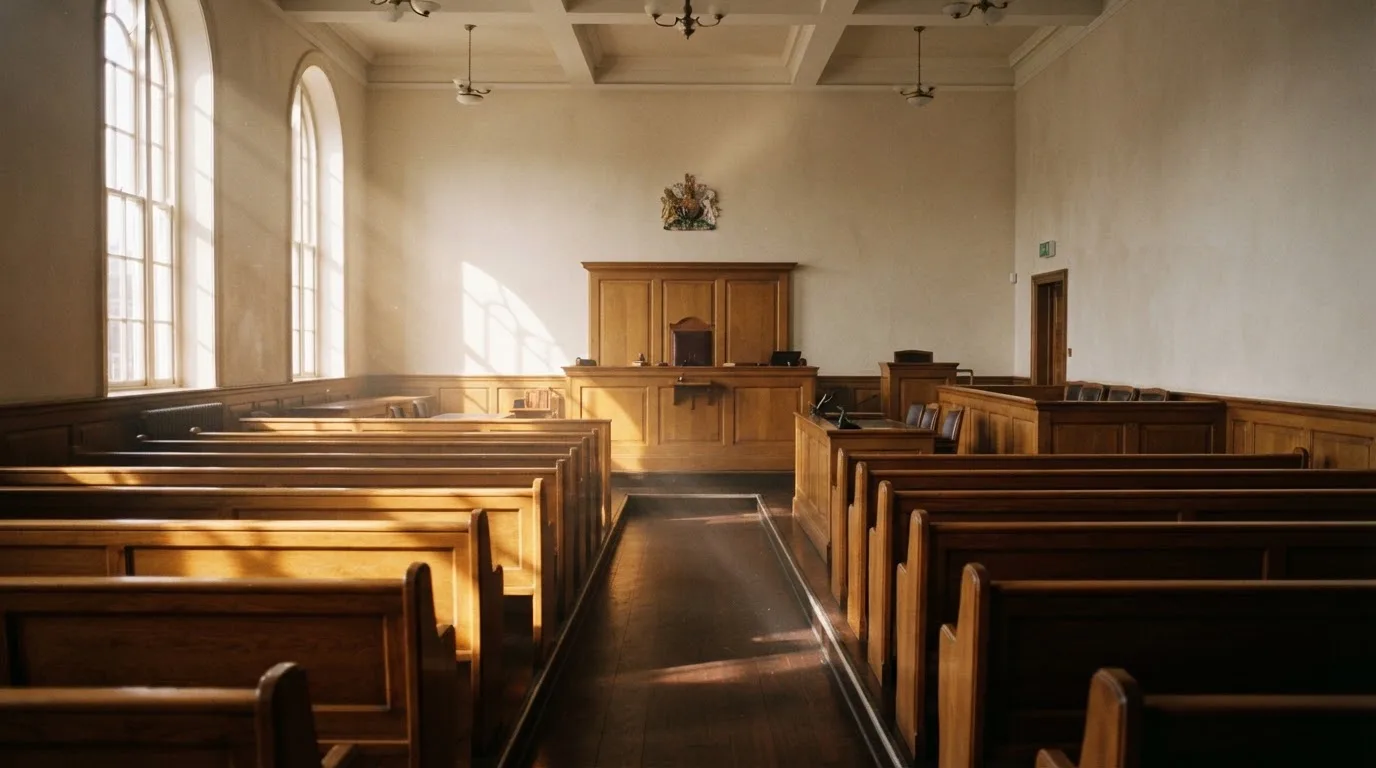 An empty courtroom with wooden benches in morning light