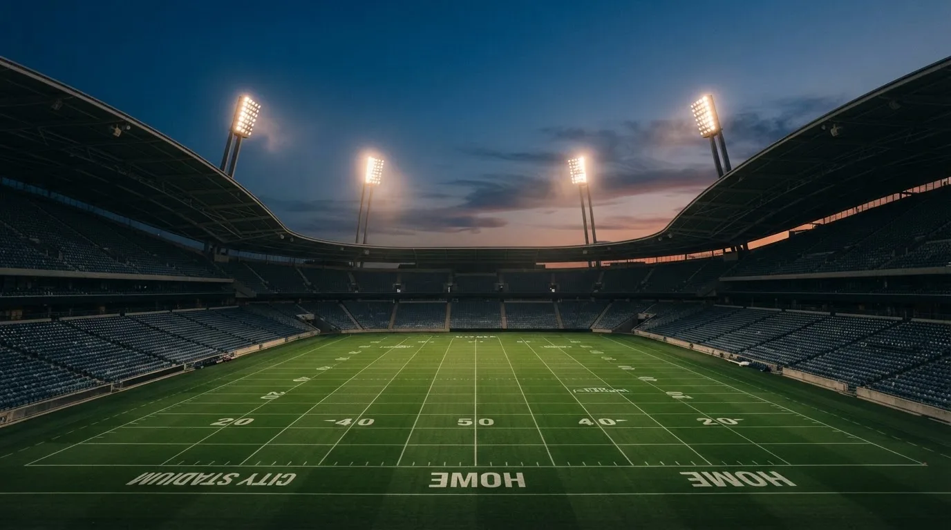 An empty football stadium with floodlight masts at dusk