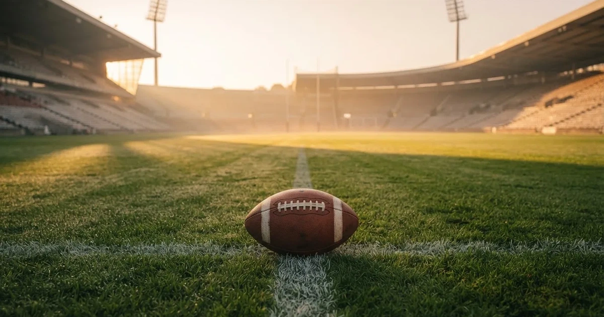 A ball on the centre spot of a grass pitch in morning light