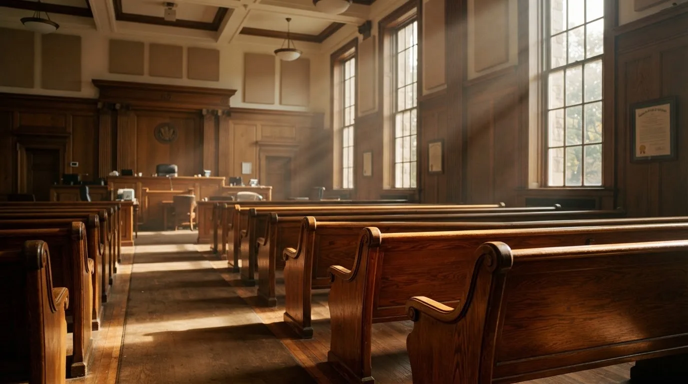 An empty courtroom with wooden benches in morning light