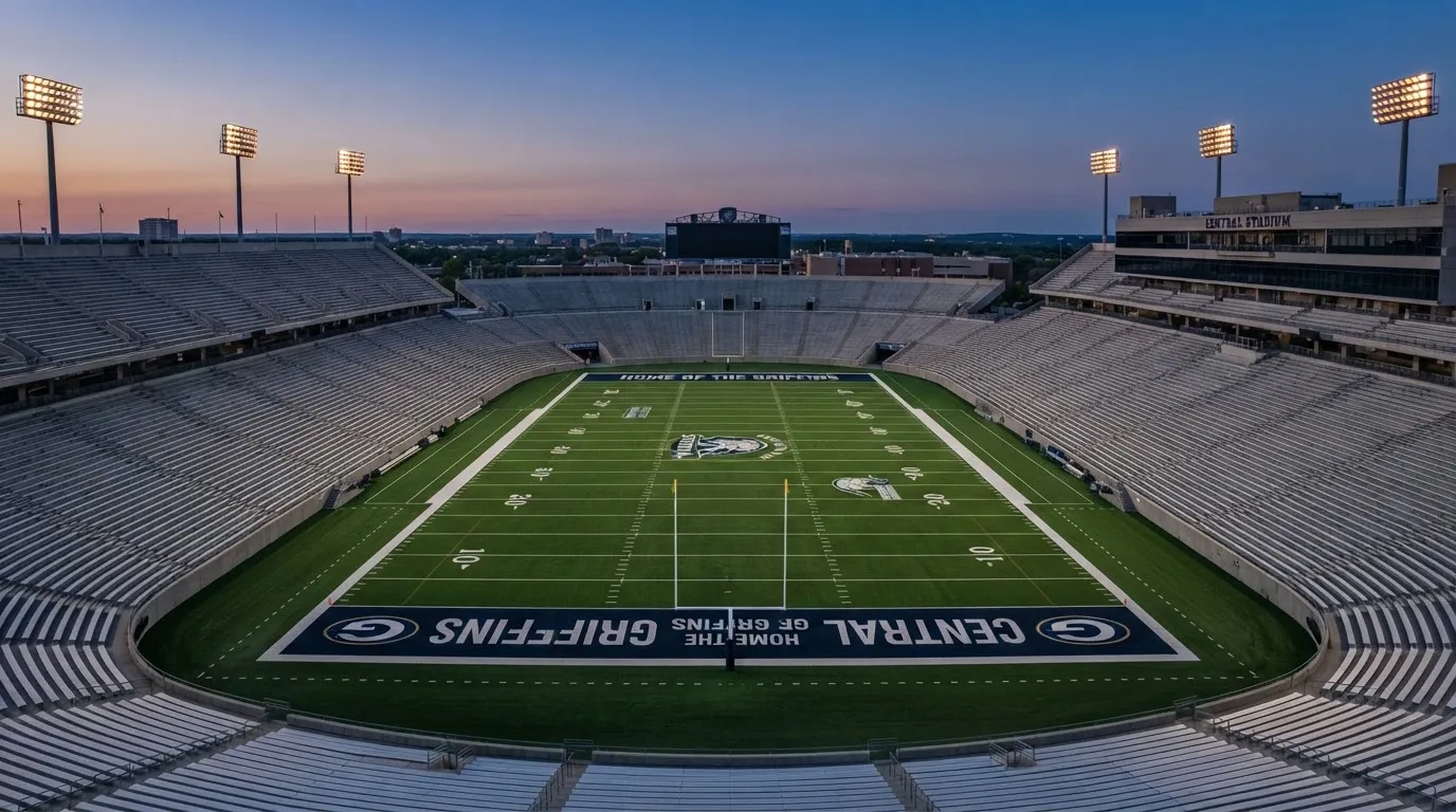 An empty football stadium with floodlight masts at dusk