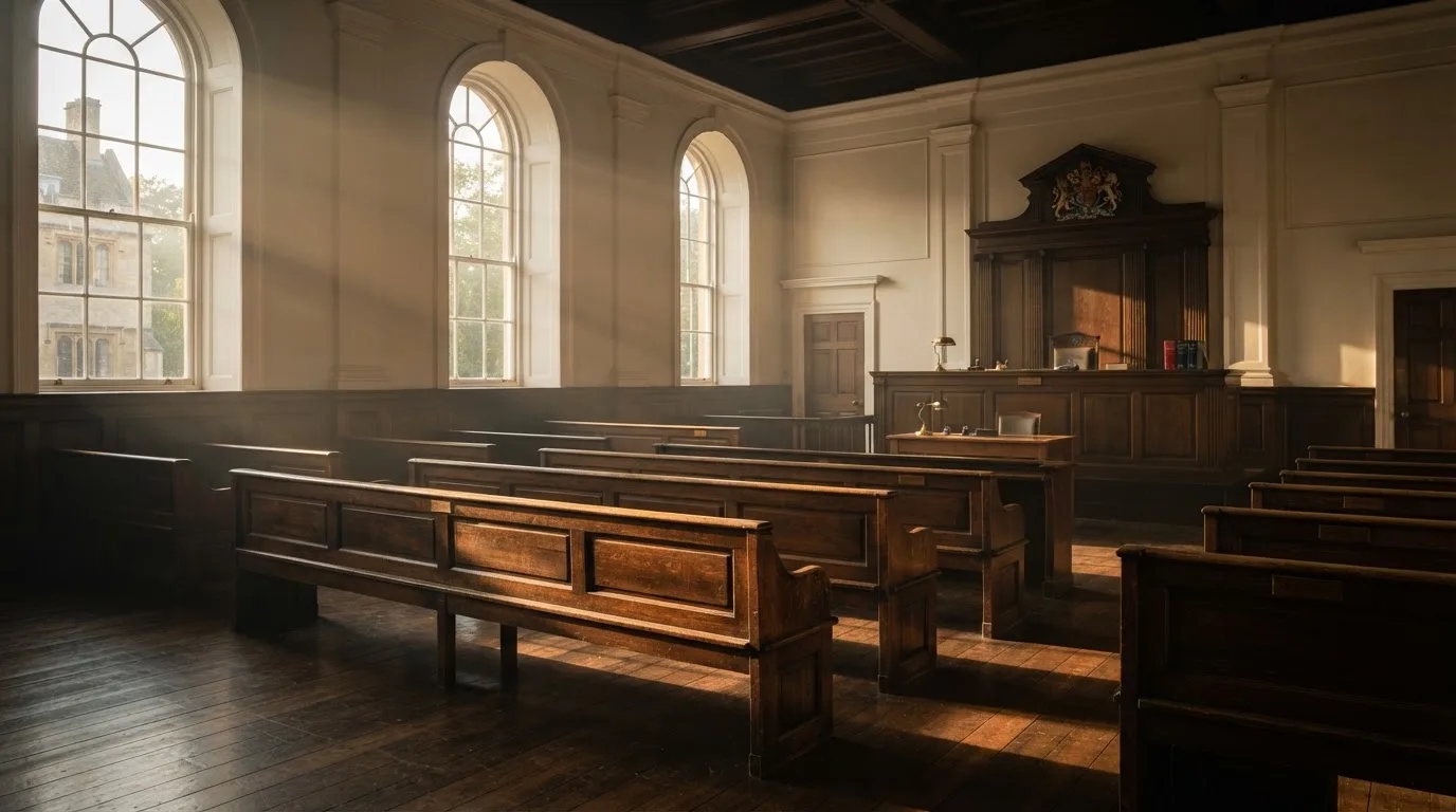 An empty courtroom with wooden benches in morning light