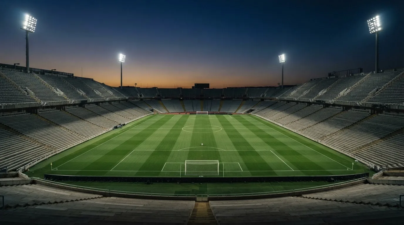 An empty football stadium with floodlight masts at dusk