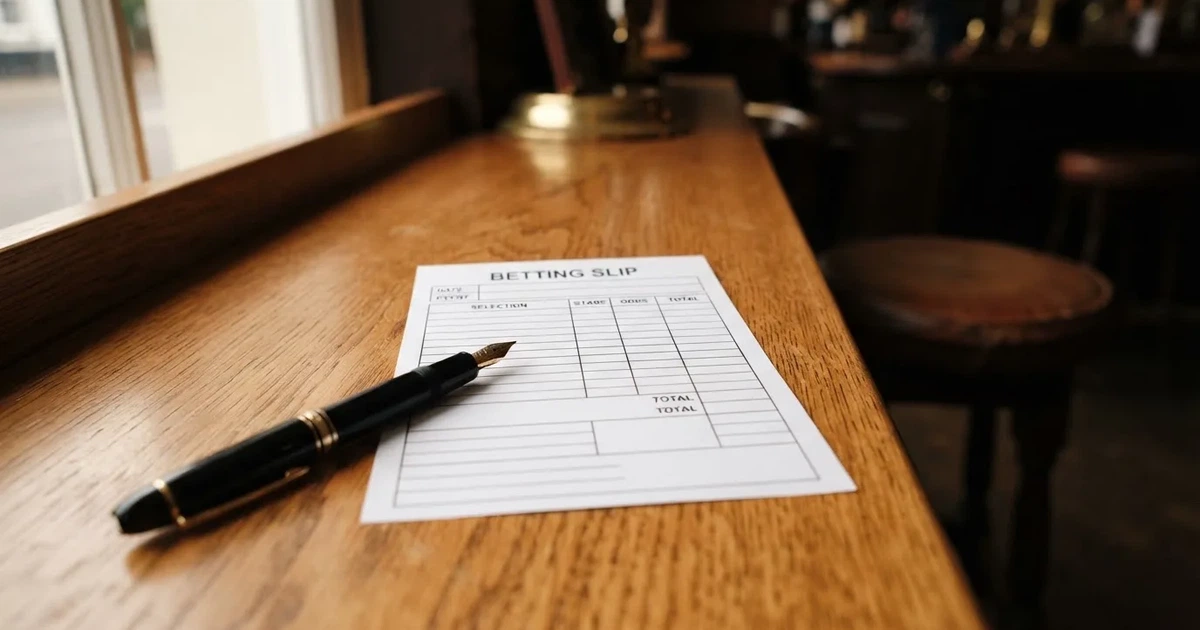 A blank paper betting slip beside a pen on a wooden counter