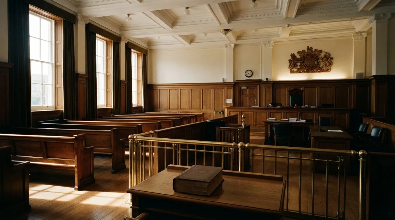 An empty courtroom with wooden benches in morning light