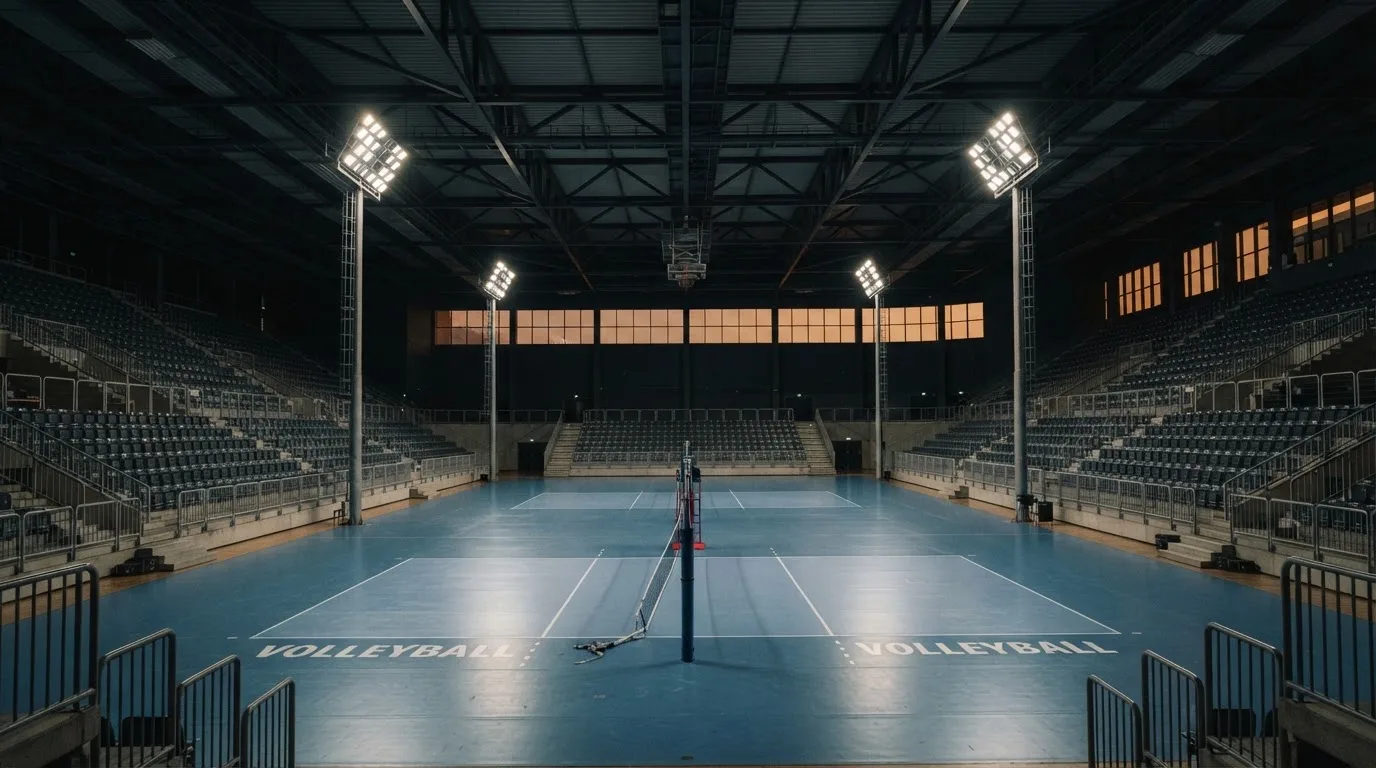 An empty football stadium with floodlight masts at dusk