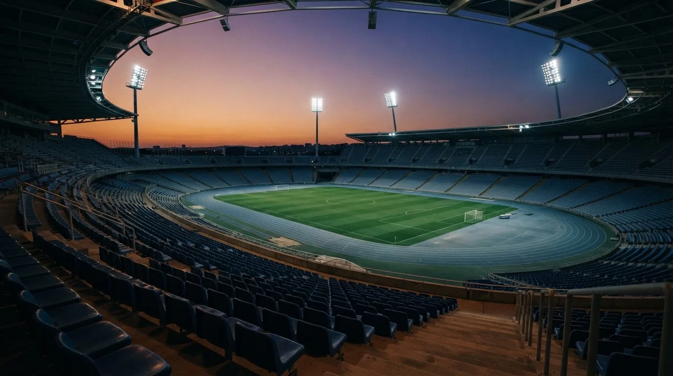 An empty football stadium with floodlight masts at dusk