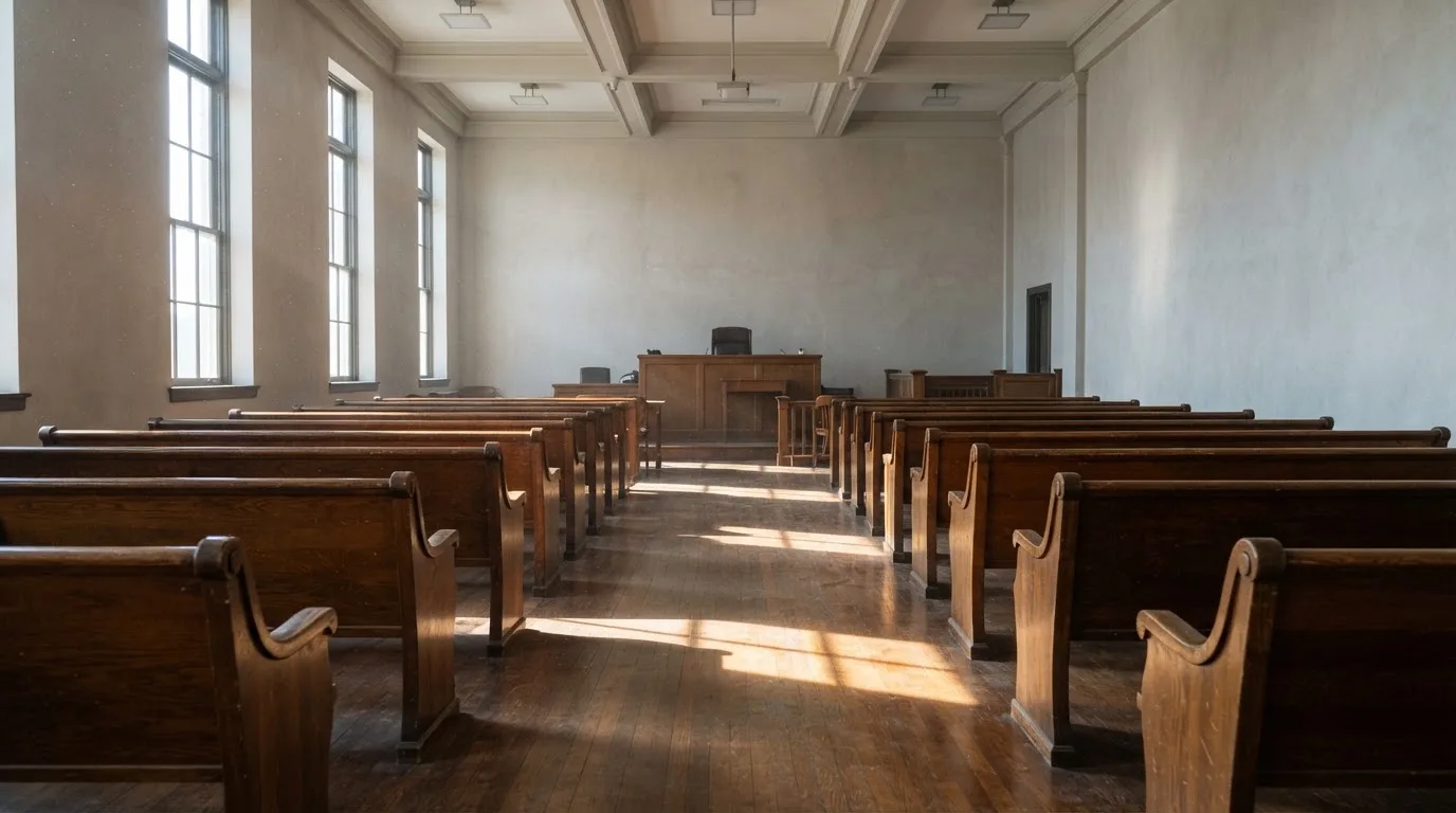 An empty courtroom with wooden benches in morning light