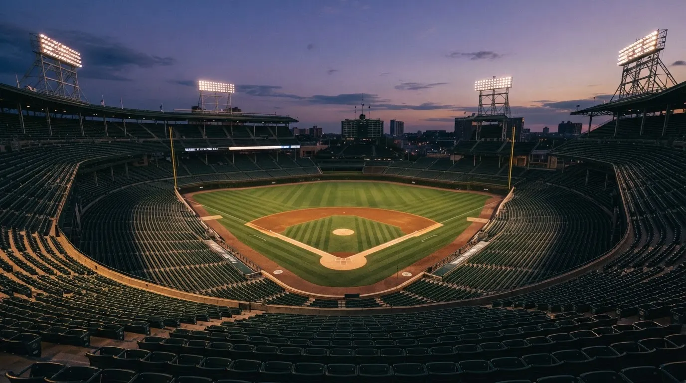 An empty football stadium with floodlight masts at dusk