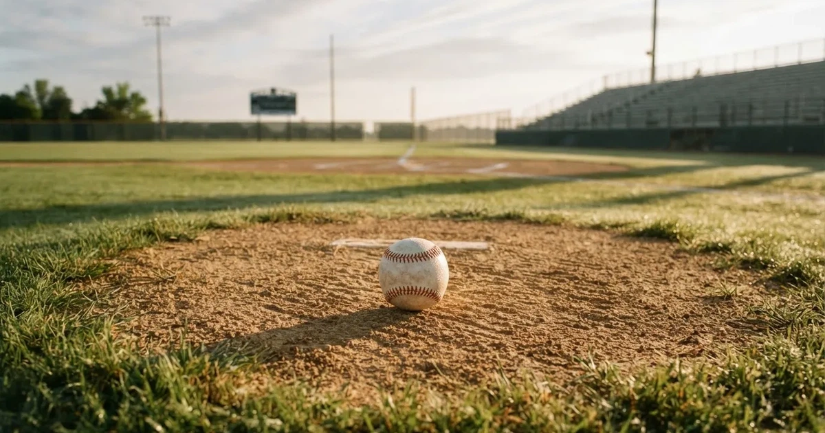 A ball on the centre spot of a grass pitch in morning light