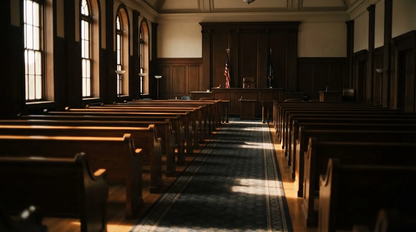 An empty courtroom with wooden benches in morning light