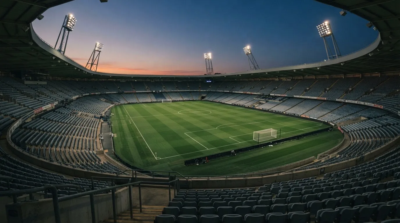 An empty football stadium with floodlight masts at dusk