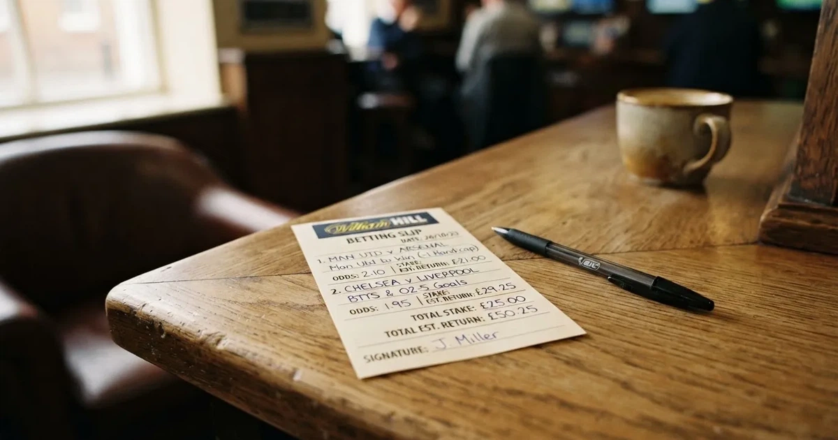A blank paper betting slip beside a pen on a wooden counter