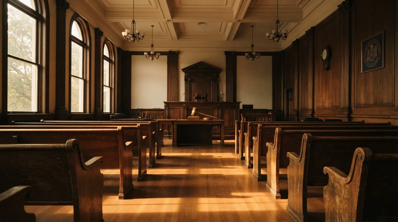 An empty courtroom with wooden benches in morning light