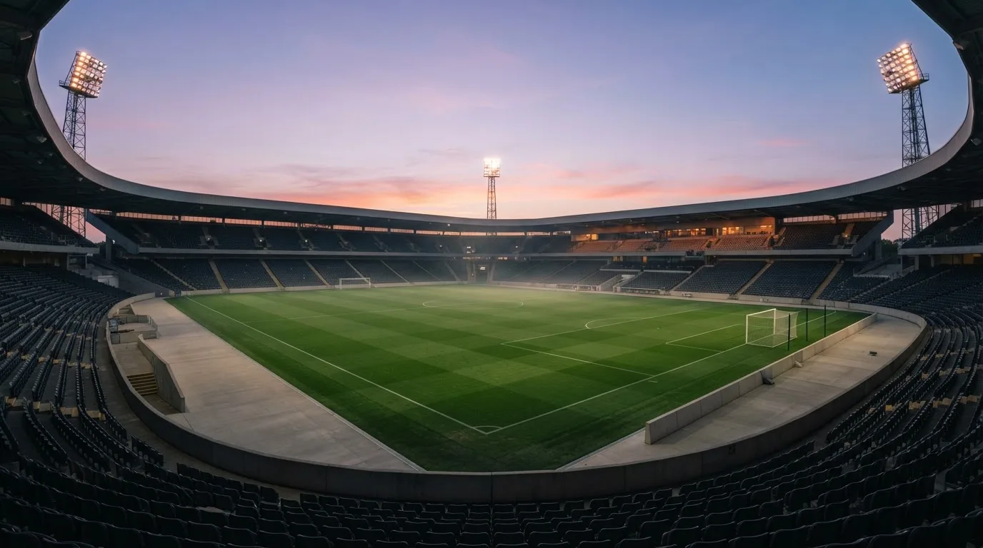 An empty football stadium with floodlight masts at dusk
