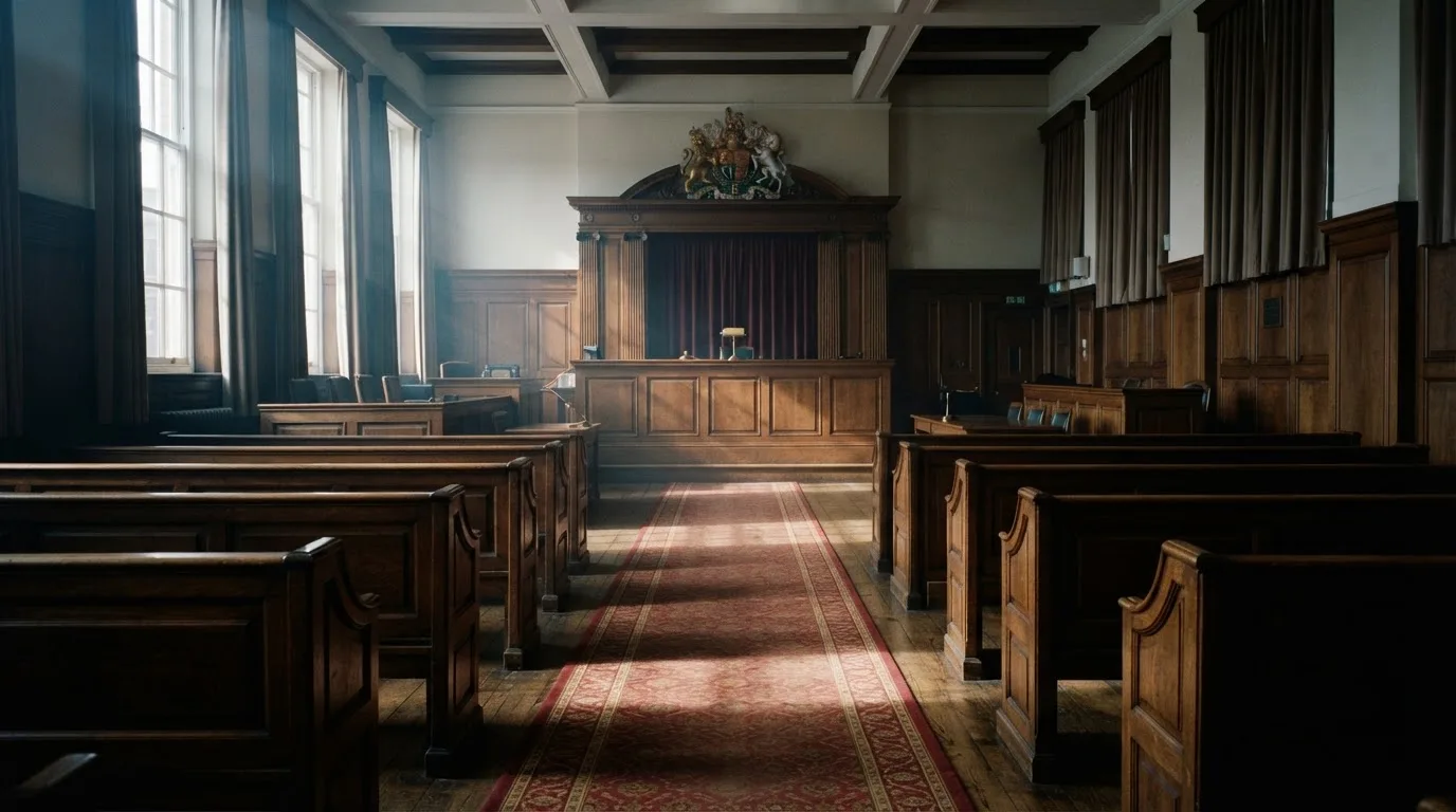 An empty courtroom with wooden benches in morning light