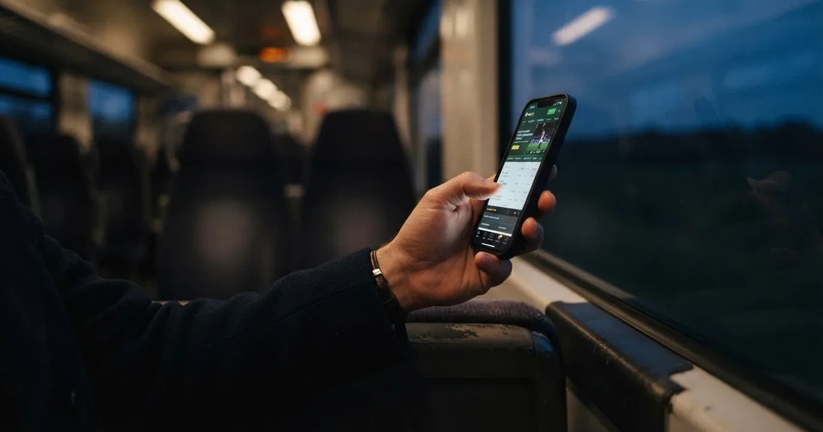 A hand holding a smartphone on a train in the evening, screen turned away