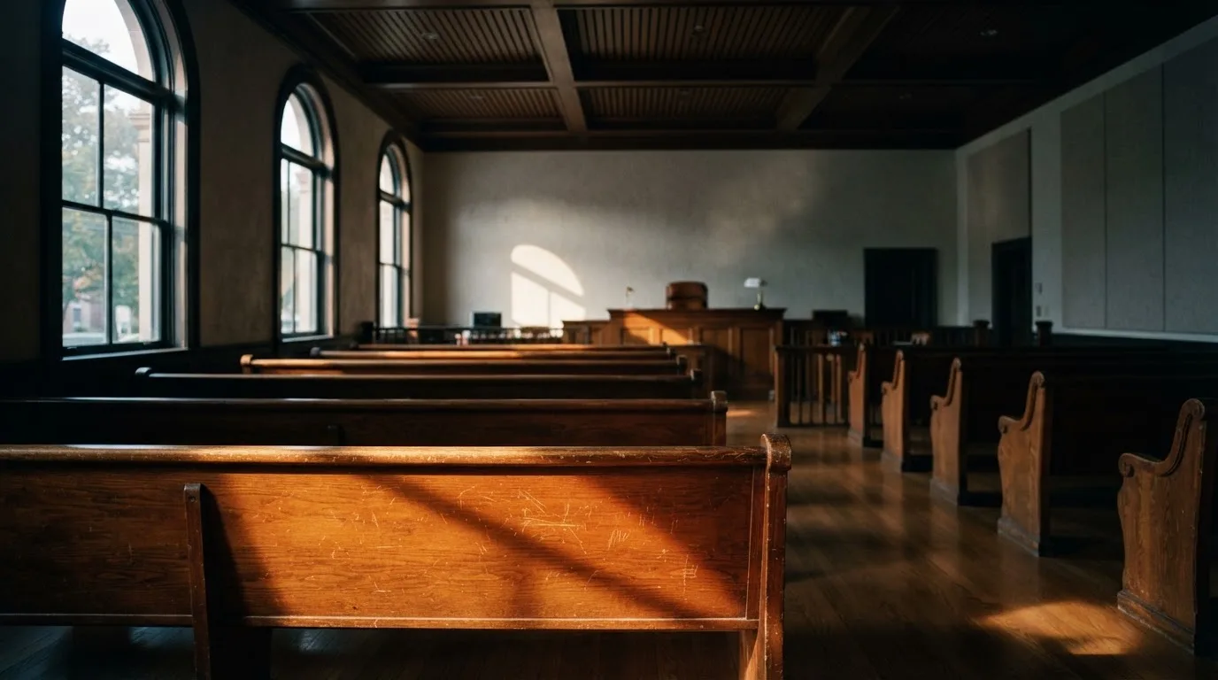 An empty courtroom with wooden benches in morning light