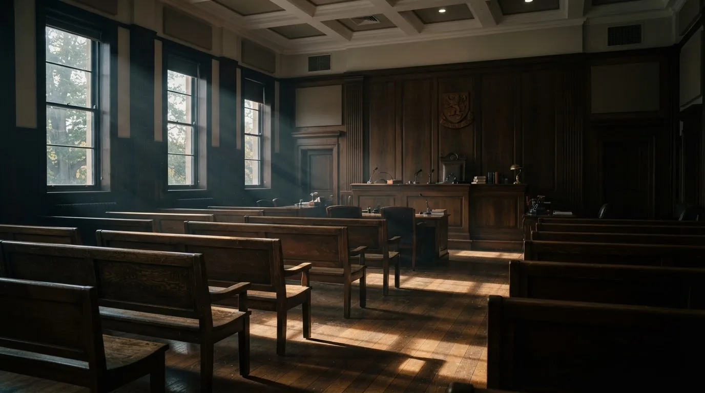 An empty courtroom with wooden benches in morning light