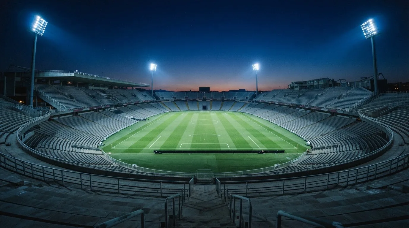 An empty football stadium with floodlight masts at dusk