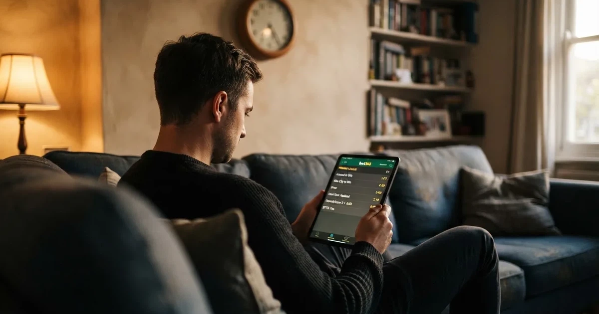 A person on a sofa looking thoughtfully at a tablet, a wall clock in the background