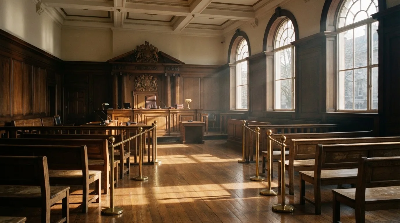An empty courtroom with wooden benches in morning light