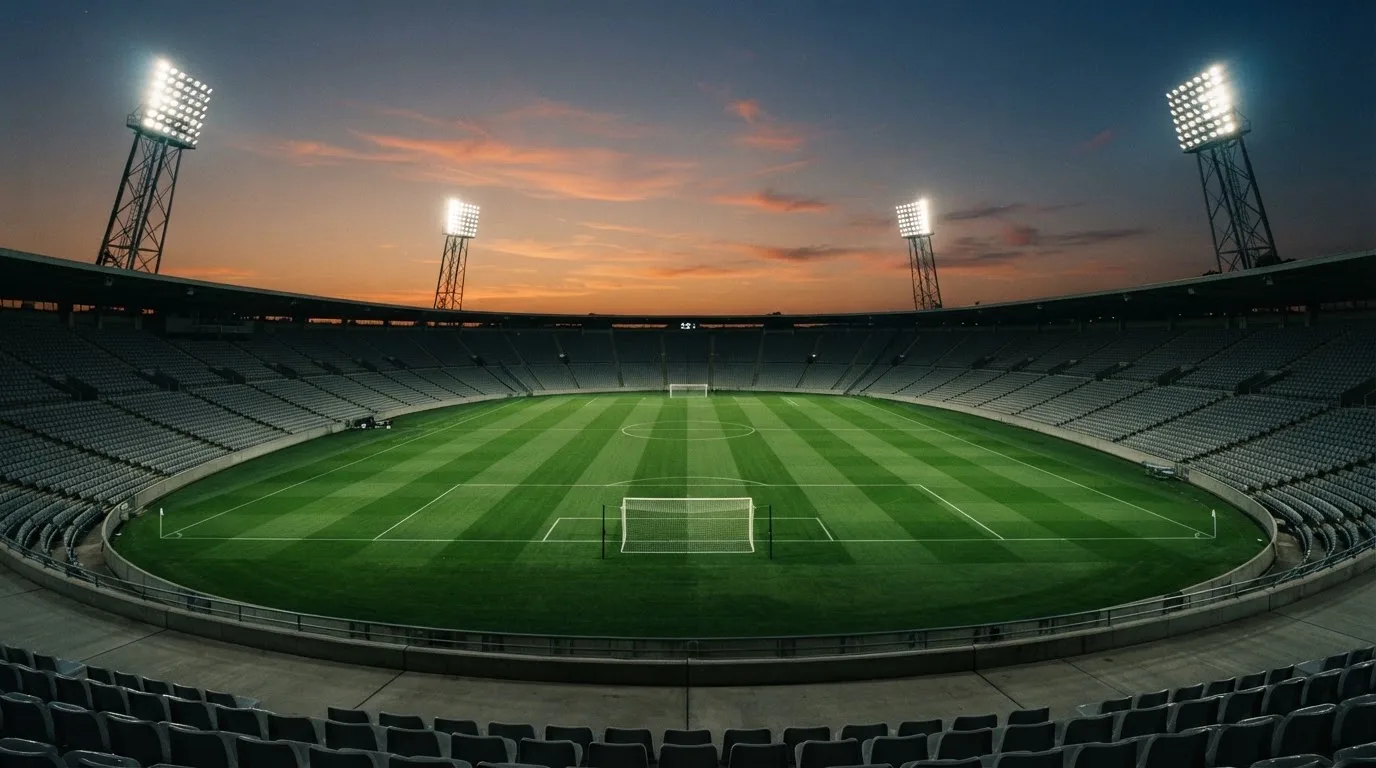 An empty football stadium with floodlight masts at dusk