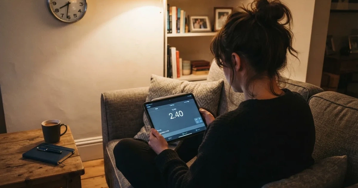 A person on a sofa looking thoughtfully at a tablet, a wall clock in the background