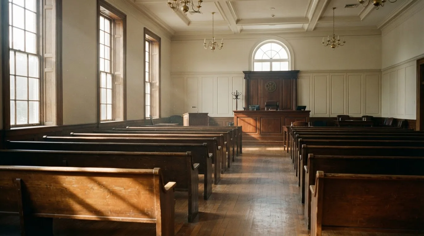 An empty courtroom with wooden benches in morning light