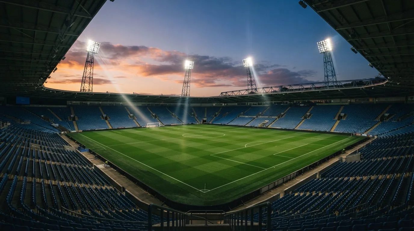 An empty football stadium with floodlight masts at dusk