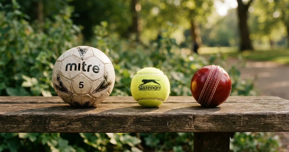 Three balls of different kinds side by side on a wooden bench