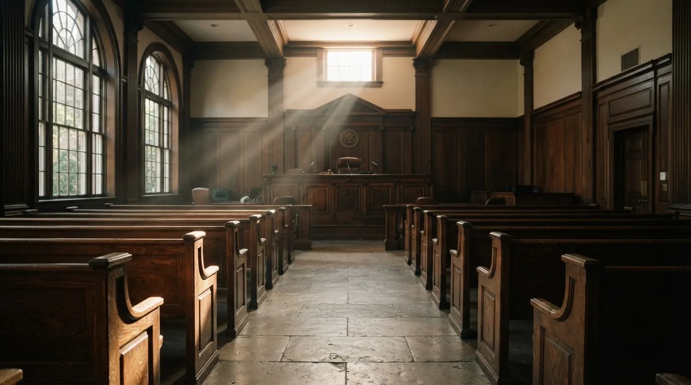 An empty courtroom with wooden benches in morning light