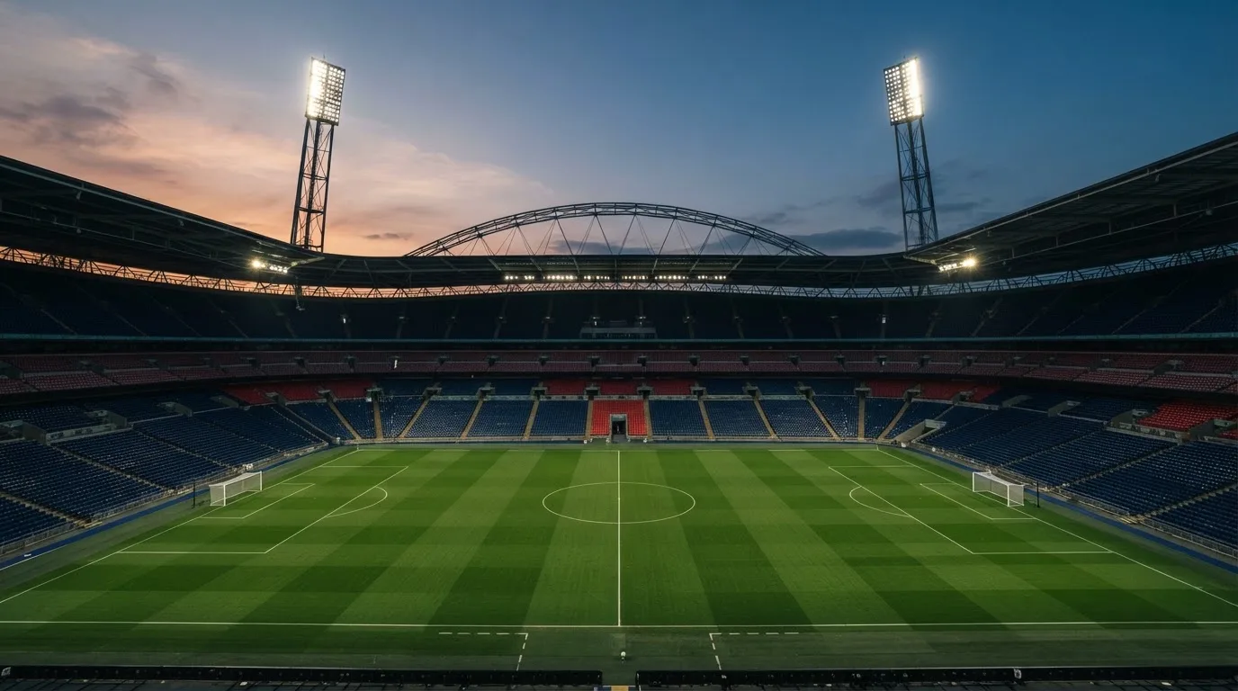 An empty football stadium with floodlight masts at dusk