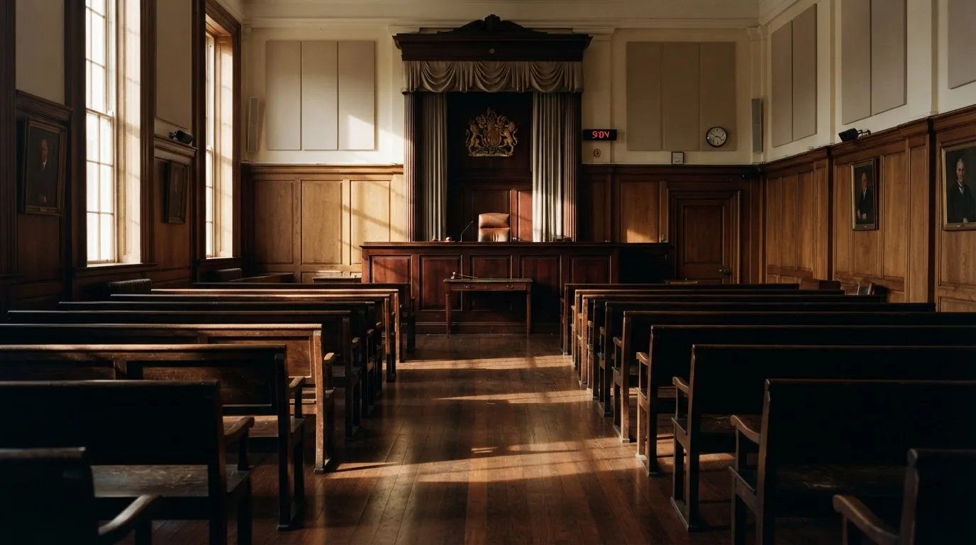 An empty courtroom with wooden benches in morning light