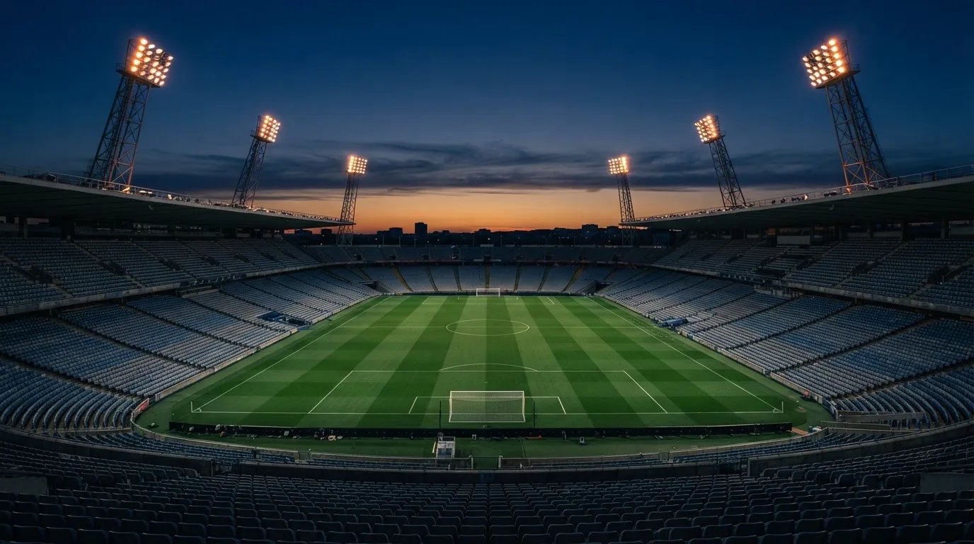 An empty football stadium with floodlight masts at dusk
