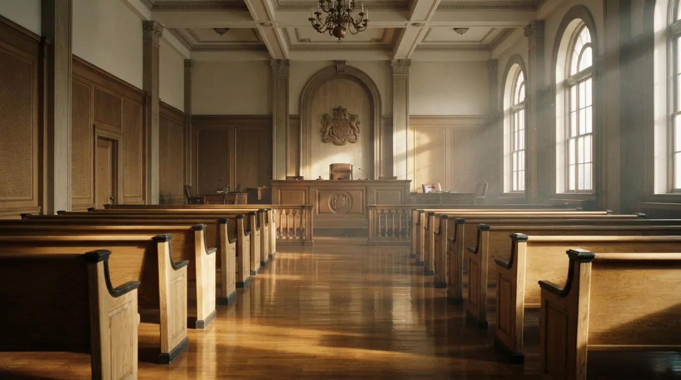 An empty courtroom with wooden benches in morning light