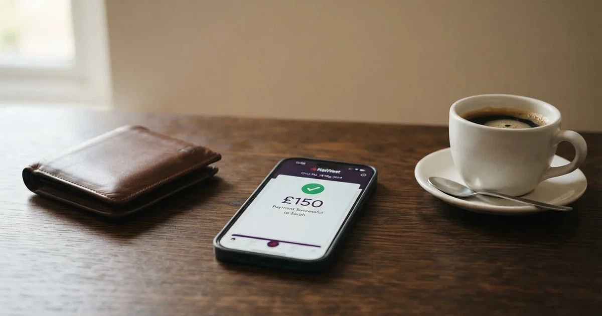 A smartphone on a wooden table beside a wallet and a coffee cup