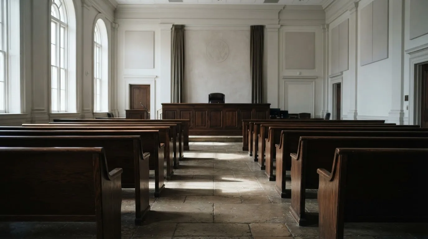 An empty courtroom with wooden benches in morning light
