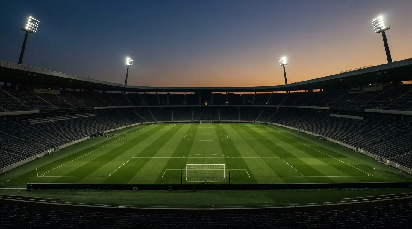 An empty football stadium with floodlight masts at dusk