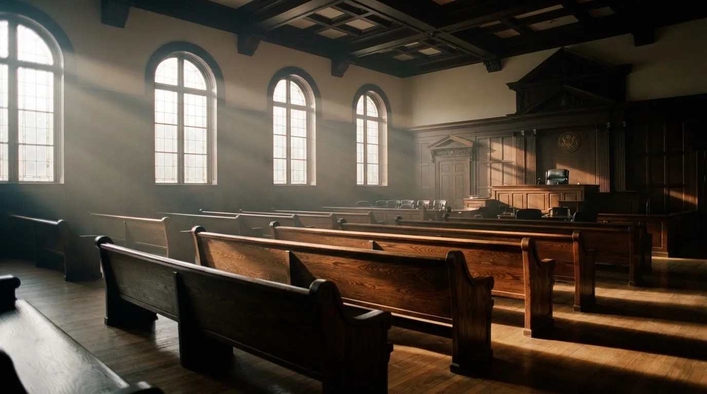 An empty courtroom with wooden benches in morning light