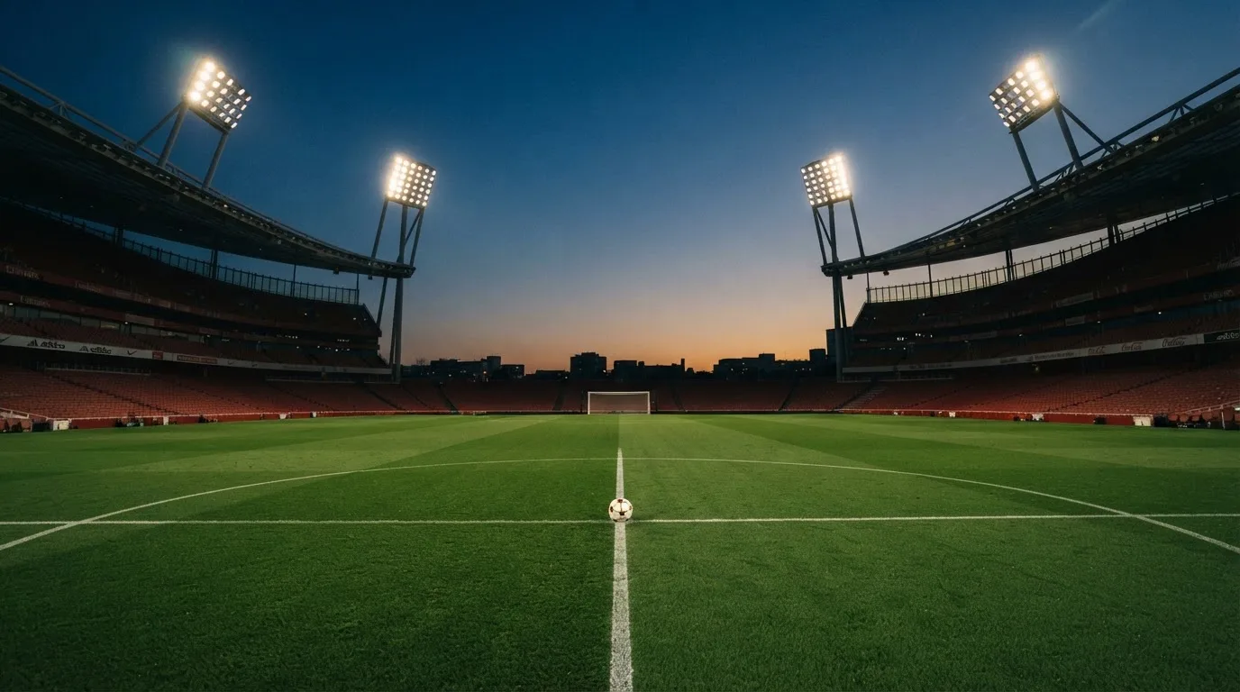 An empty football stadium with floodlight masts at dusk