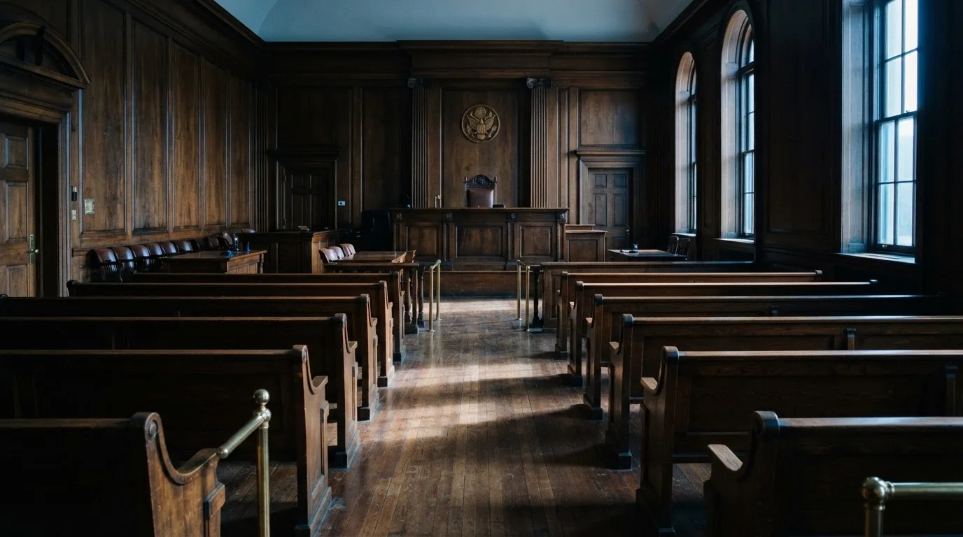 An empty courtroom with wooden benches in morning light