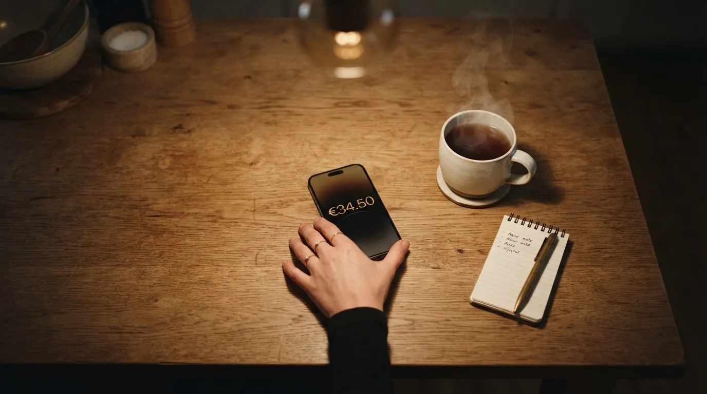 A hand setting a smartphone down beside a cup of tea on a kitchen table on a quiet evening