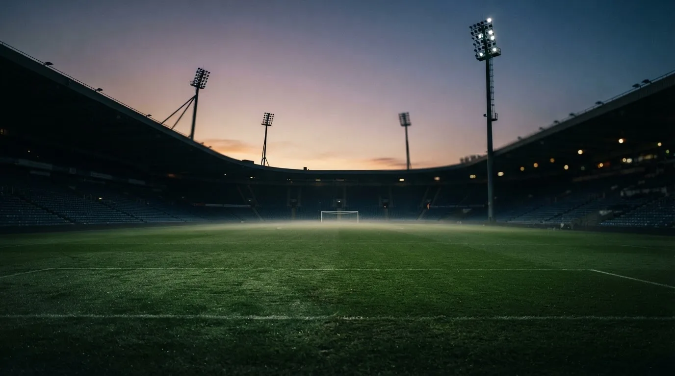 An empty football stadium with floodlight masts at dusk