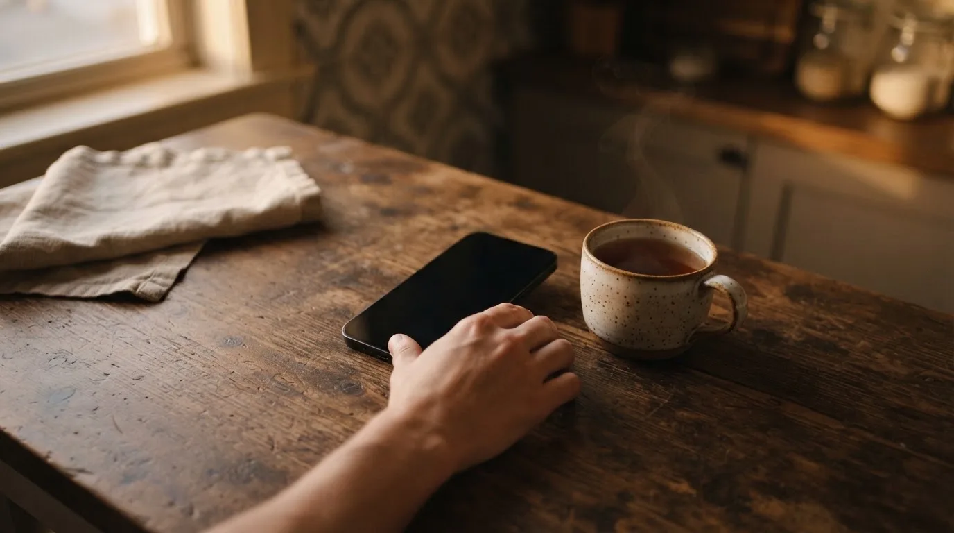 A hand setting a smartphone down beside a cup of tea on a kitchen table on a quiet evening