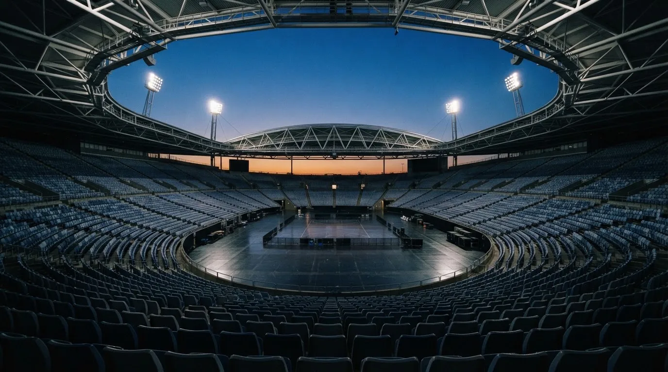 An empty football stadium with floodlight masts at dusk